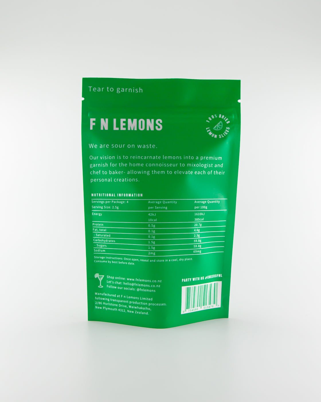 FN Lemons dried lemon slices in resealable pouch – dehydrated lemon cocktail garnish - Back