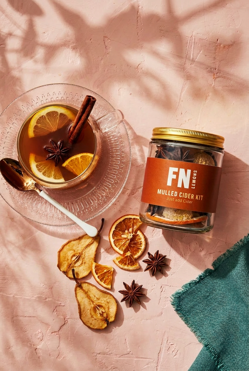 Mulled cider kit with a glass of mulled cider and spices on a pink surface