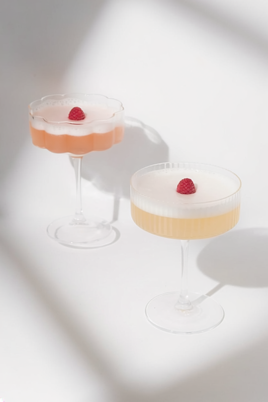 Dried raspberry cocktail garnish in glass with vibrant red colour