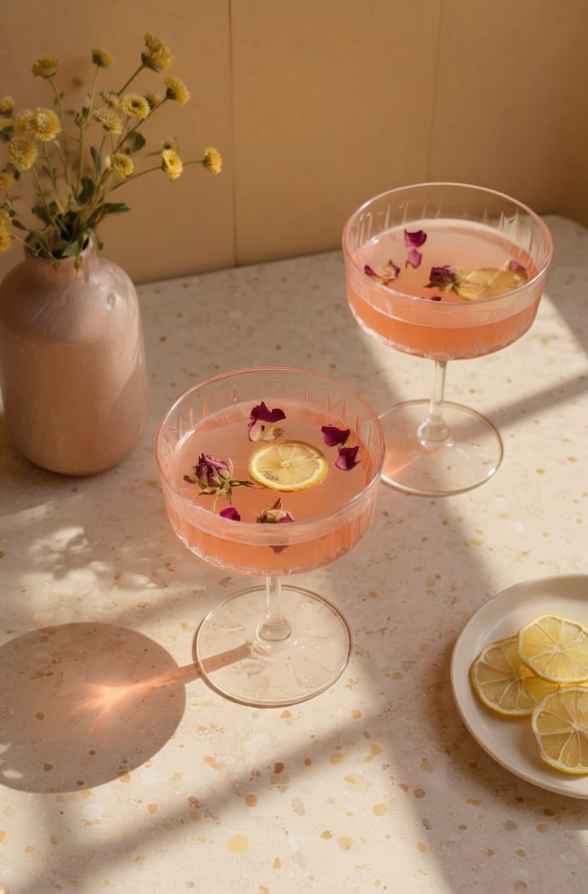 Two pink cocktails with lemon slices and flowers on a polka dot tablecloth, with a vase of yellow flowers in the background.
