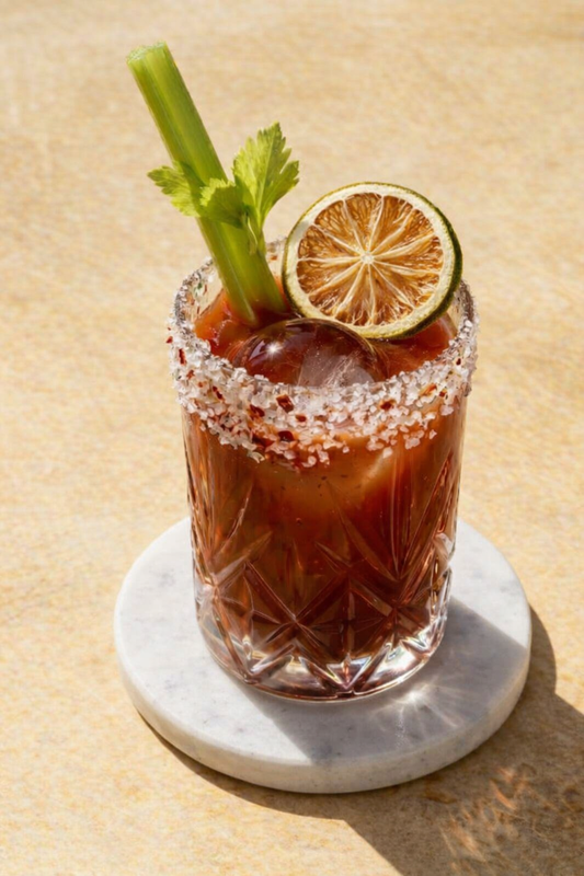 Bloody Mary with a chilli salt rim, dried lime slice and celery stalk