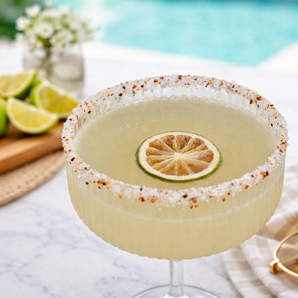 Margarita in a coupe glass with a salted rim and a dried lime wheel