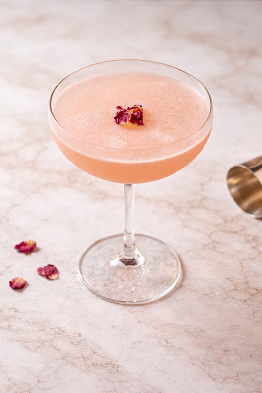 Rose Gin Fizz in a coupe glass topped with dried edible flower petals