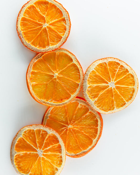 Close up of F N Lemons dried orange slices