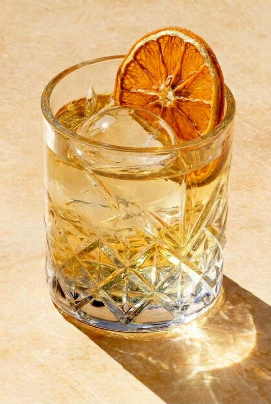 Old Fashioned in a whiskey glass with a large ice sphere and a dried orange slice