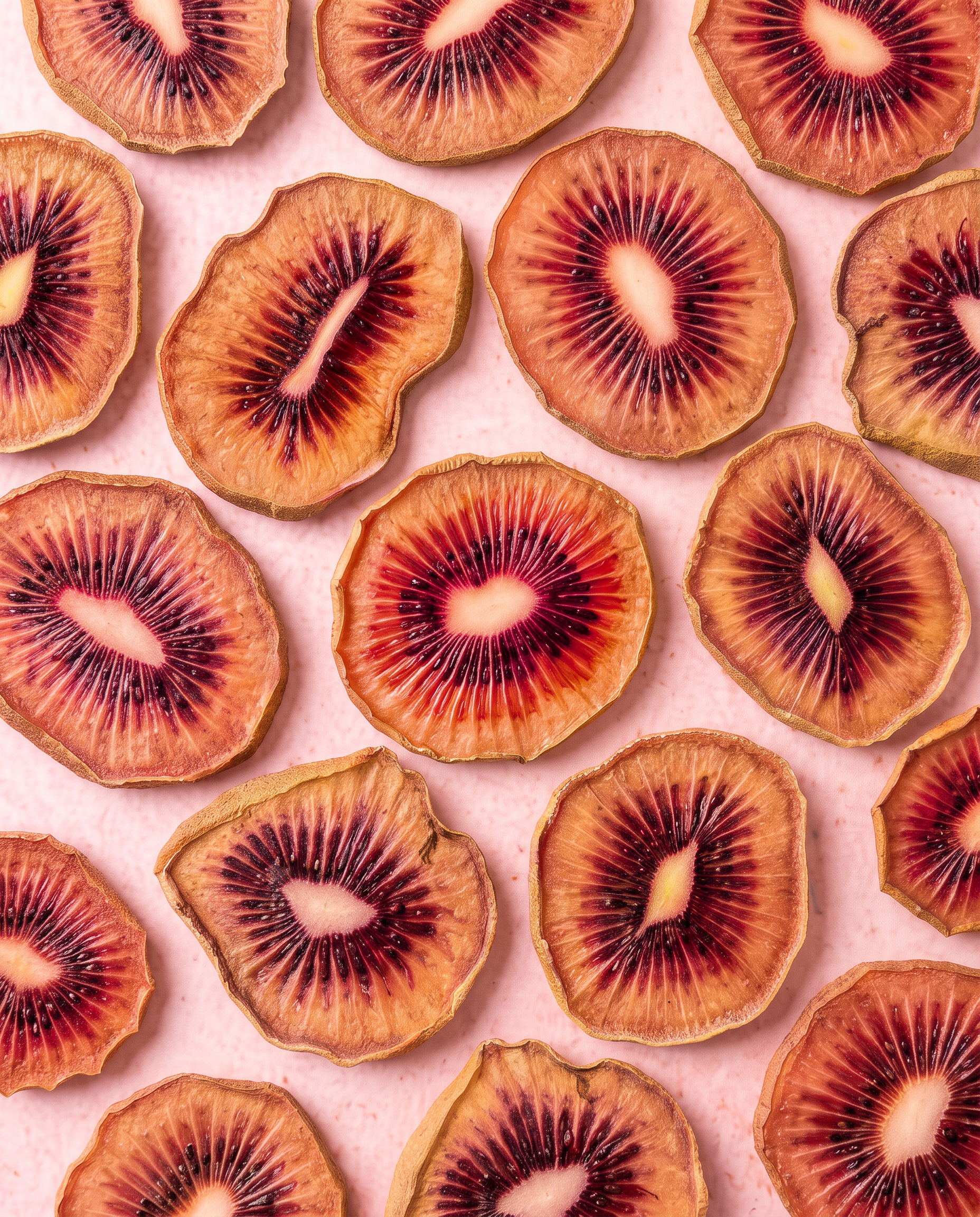 Dried kiwi slices arranged in a repeating pattern on a light pink background.