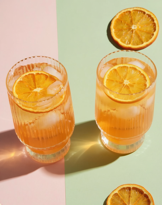 Two glasses of orange juice with slices of orange on a split pink and green background