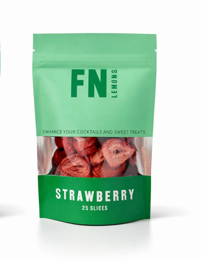 Green package of strawberry slices by FN Lemons on a white background