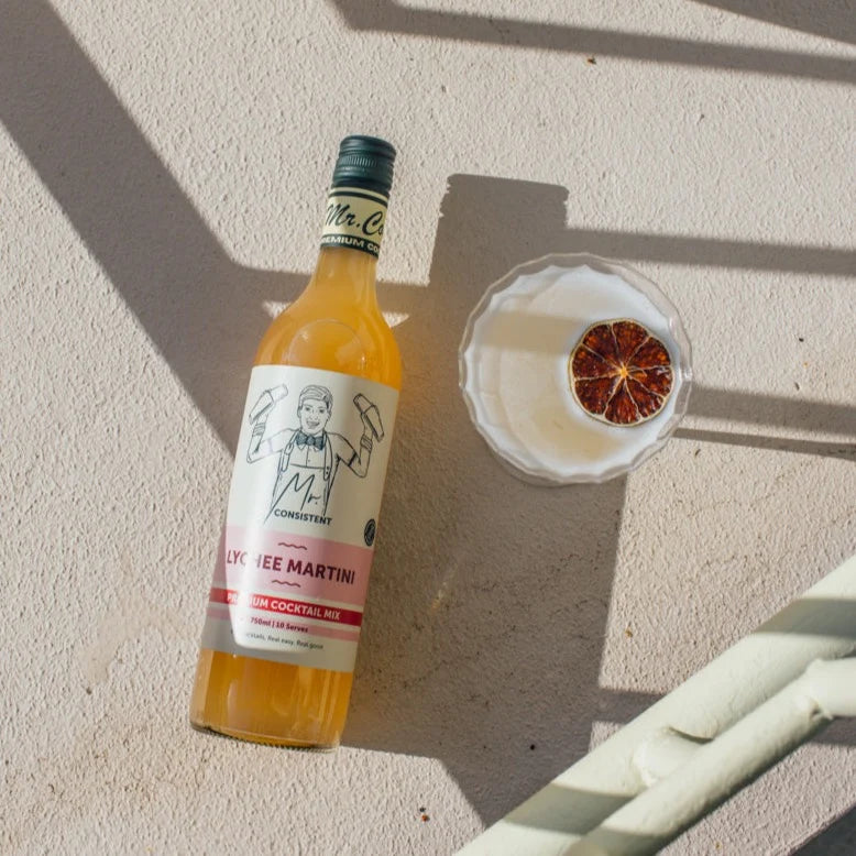 A bottle of Mr Consistent Lycee Martini with cocktail