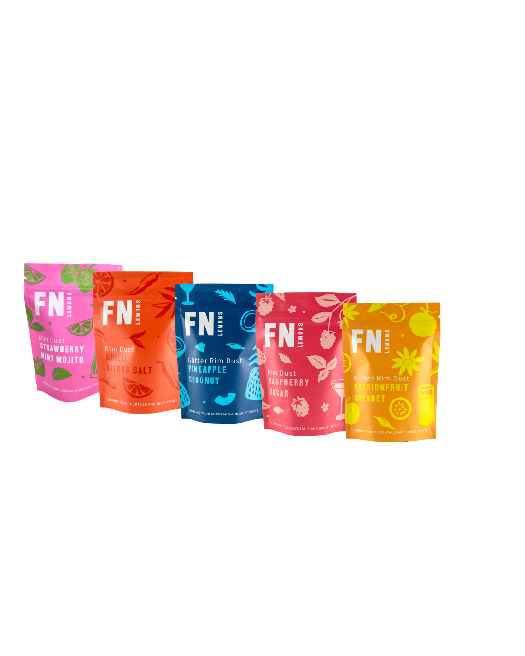Five colorful packages of 'FN' Rim Dusts on a white background